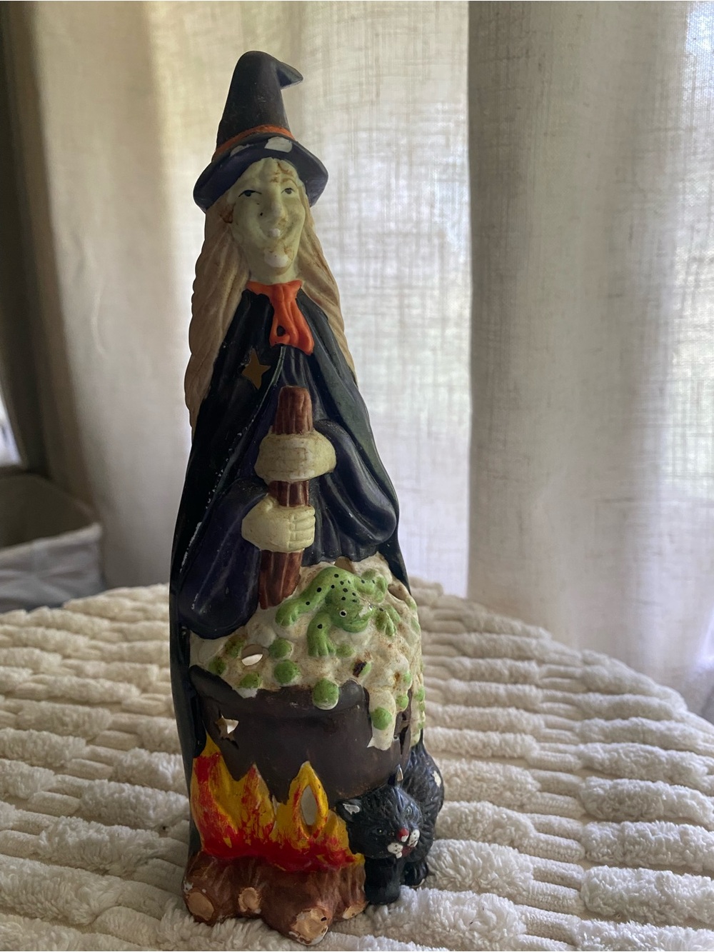 Vintage Handpainted Ceramic Witch Cauldron Black Cat Tealight Candle Holder